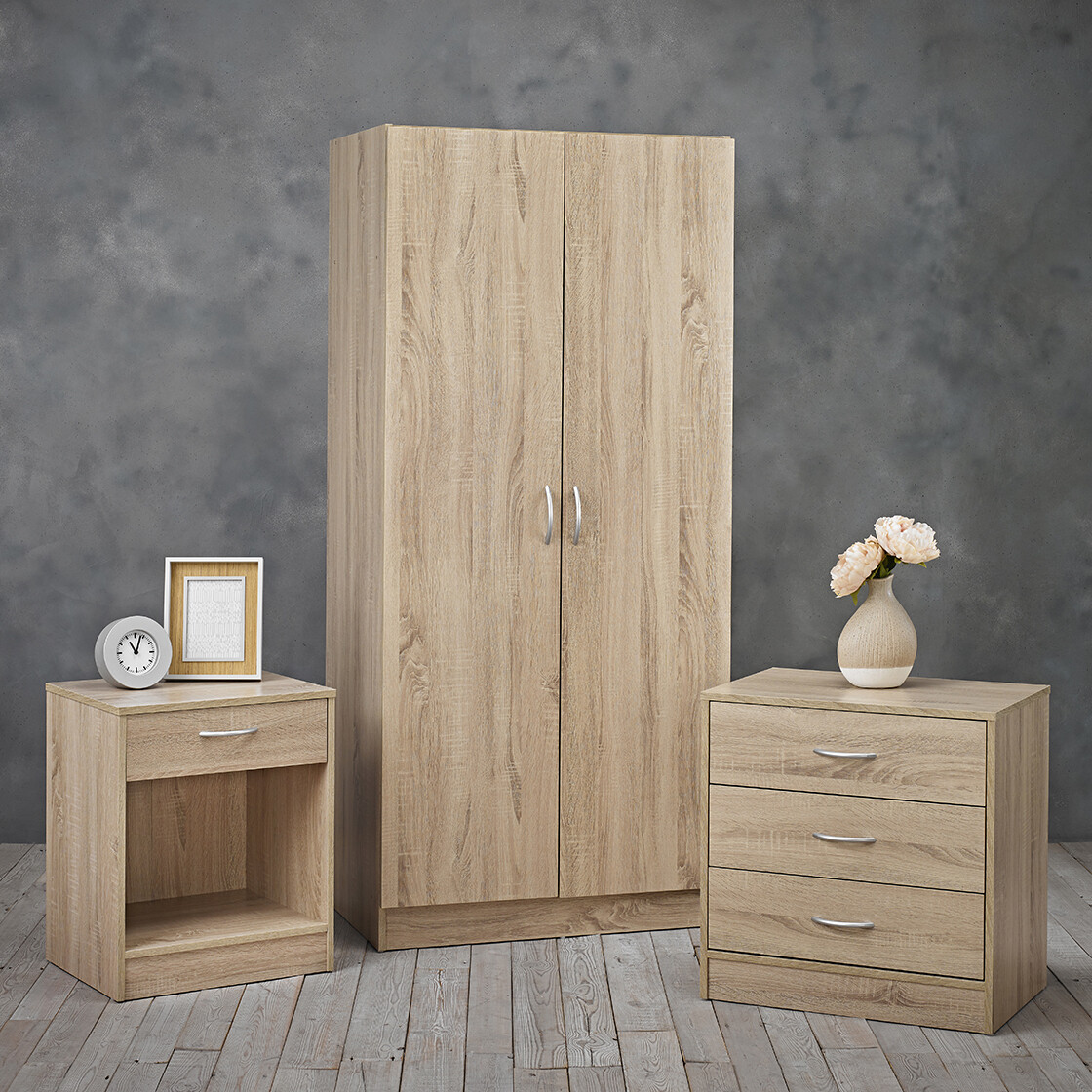 Delta 2 Door Robe, 3 Drawer Chest & Bedside in Oak