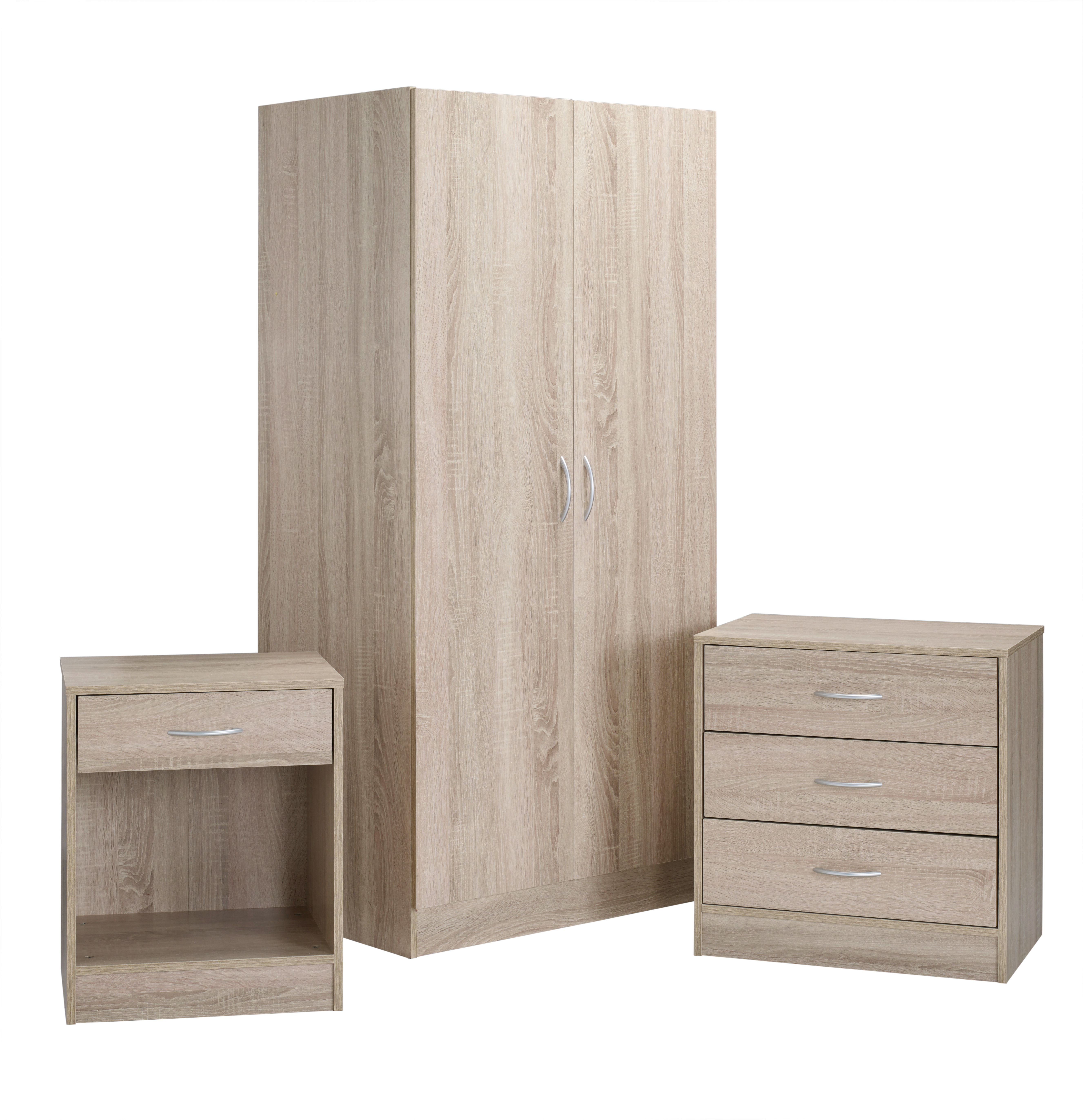 Delta 2 Door Robe, 3 Drawer Chest & Bedside in Oak
