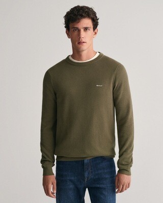 Gant Cotton Pique Crew Neck Sweater - Juniper Green