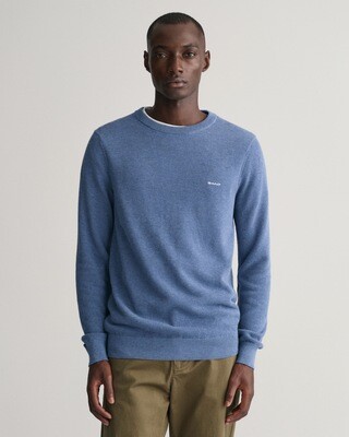 Gant Cotton Pique Crew Neck Sweater -Denim Blue Melange