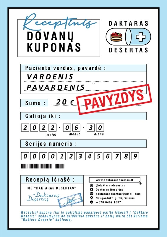Vardinis “Daktaro Deserto”20€ DOVANŲ KUPONAS