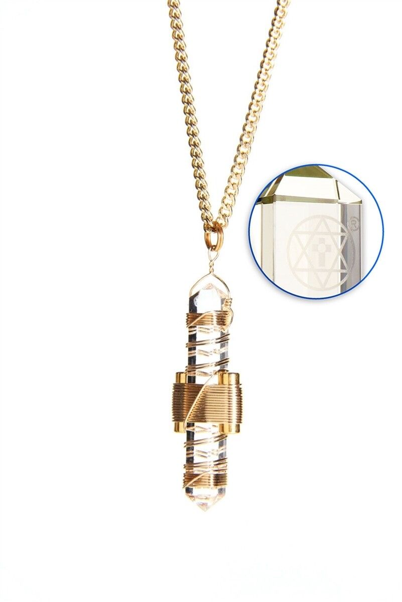 Buddha Maitreya the Christ 1.75&quot; Etheric Weaver to Wear in Goldfill wrap - Choice of 5 Colors, Crystal Color: Clear Quartz