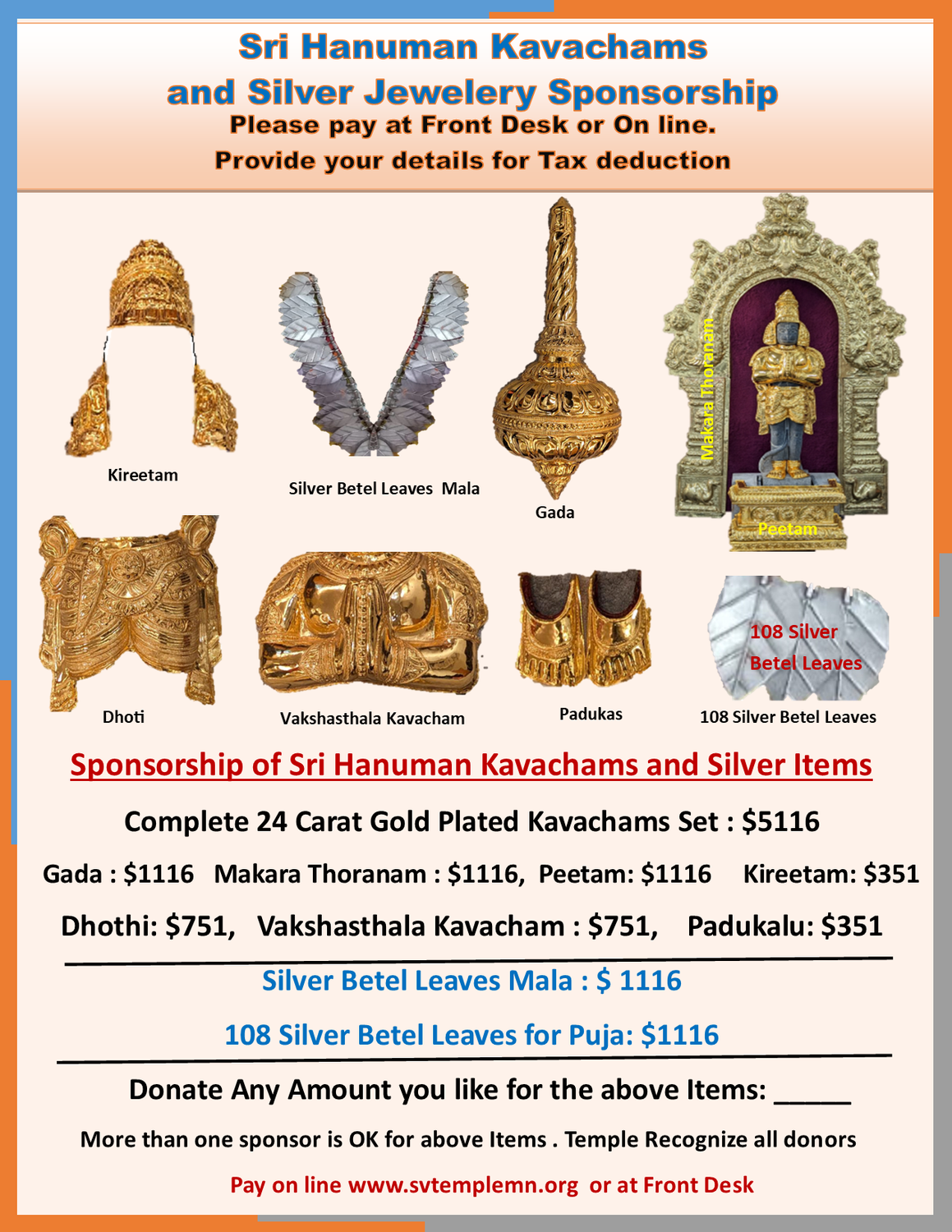 Donate to Sri Hanuman Kavachams and Silver Jewelery