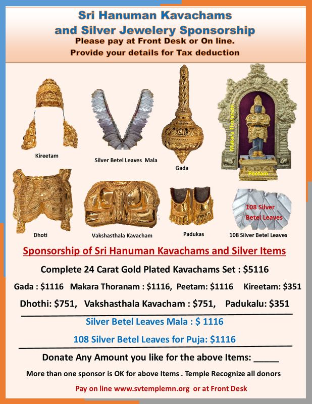 Donate to Sri Hanuman Kavachams and Silver Jewelery