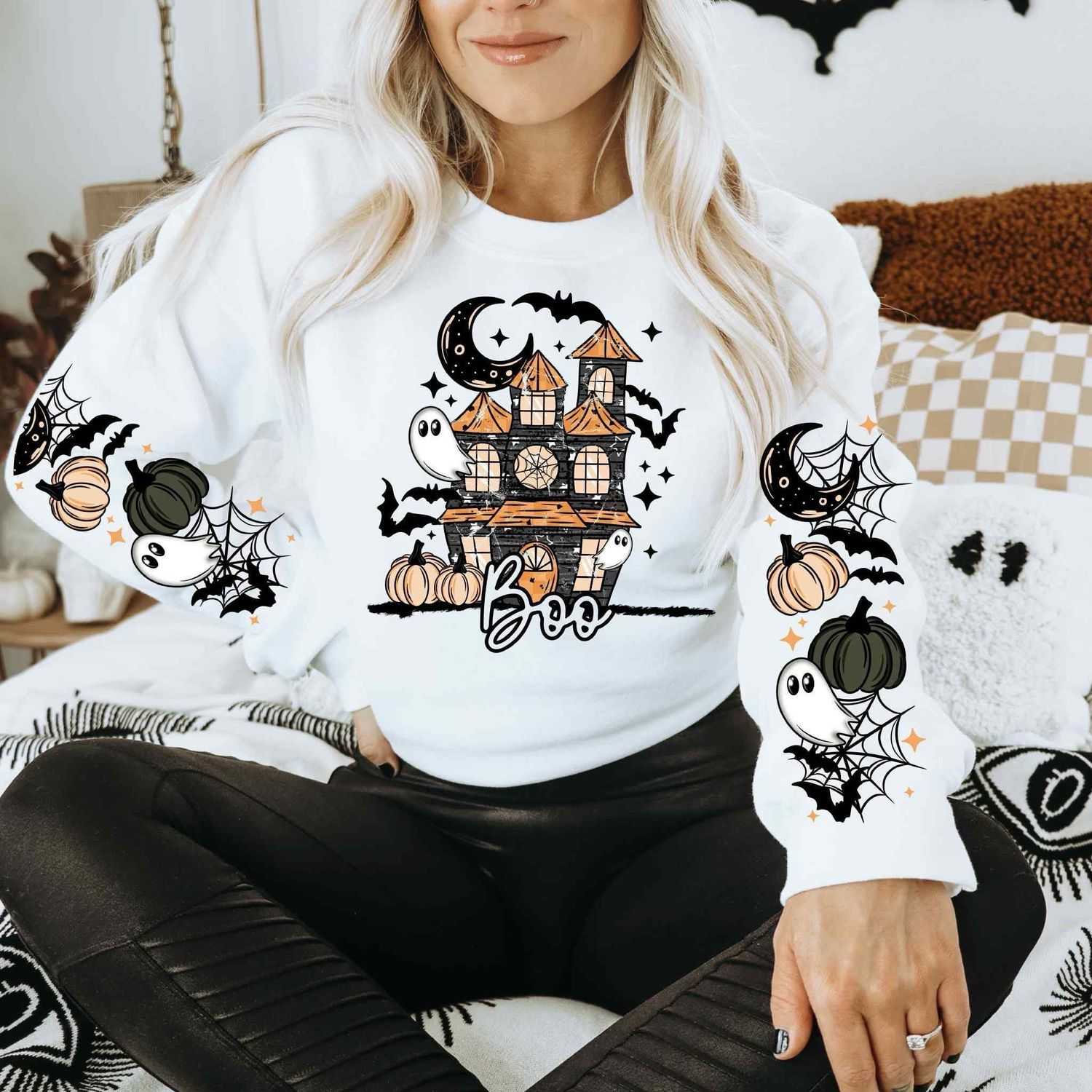 Spooky Haunted House Crewneck Sweatshirt With Sleeve Detail