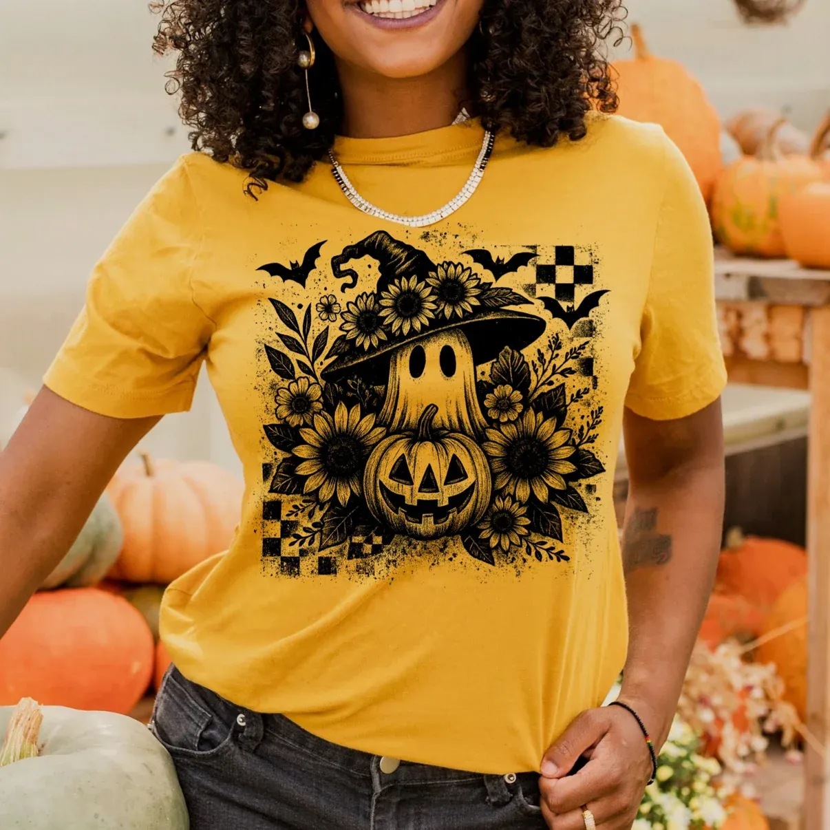 Witchy Ghost In Sunflowers Graphic Tee