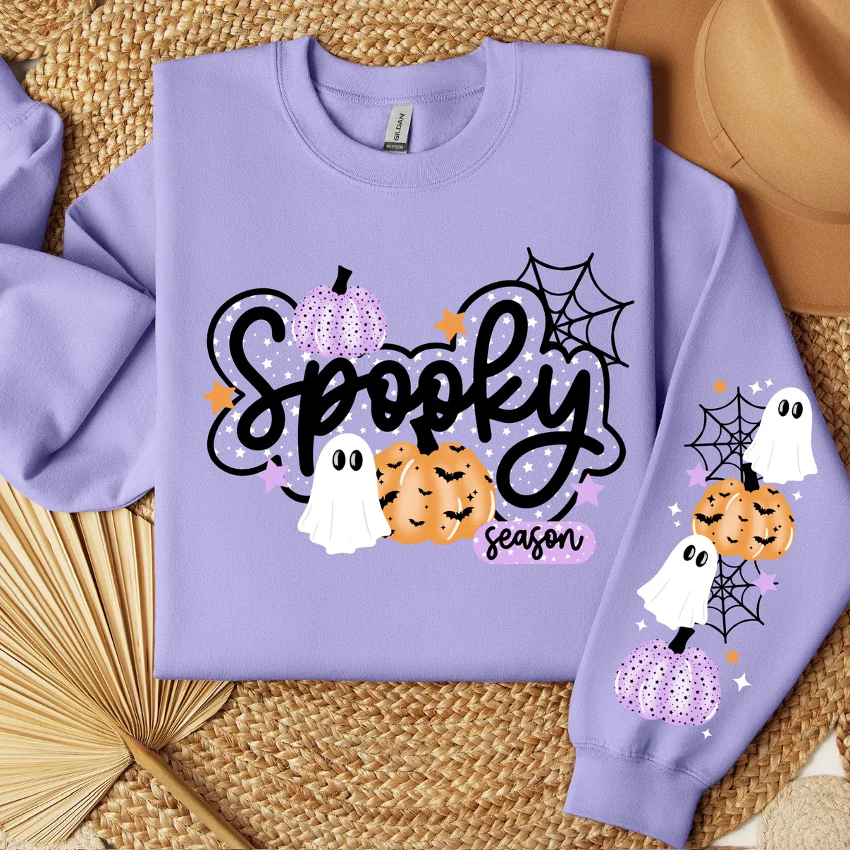 Glittery Spooky Season Graphic Crewneck Sweatshirt With Sleeve Detail