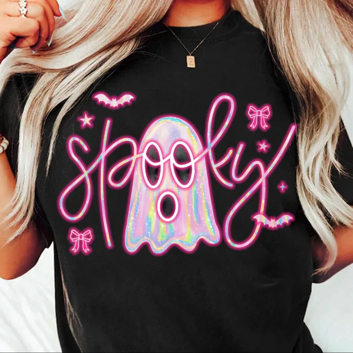 Spooky Cute Neon Iridescent Ghost Graphic Tee