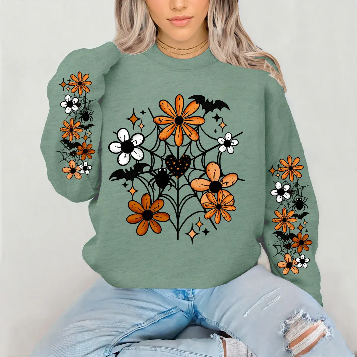 Spooky Floral Web Crewneck Sweatshirt With Sleeve Detail