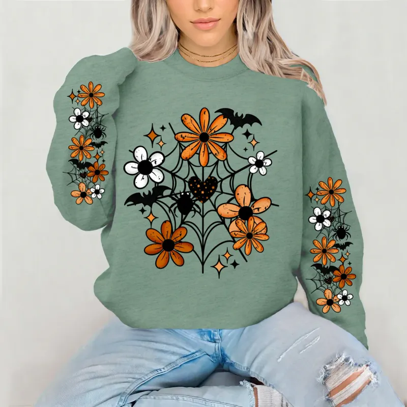 Spooky Floral Web Crewneck Sweatshirt With Sleeve Detail