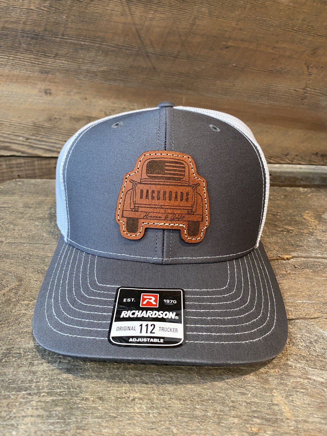 One Legging it Around #barojas Leather Hashtag Black Patch Engraved Trucker Hat One Legging it Around #barojas Leather Hashtag Black Patch Engraved Trucker Hat