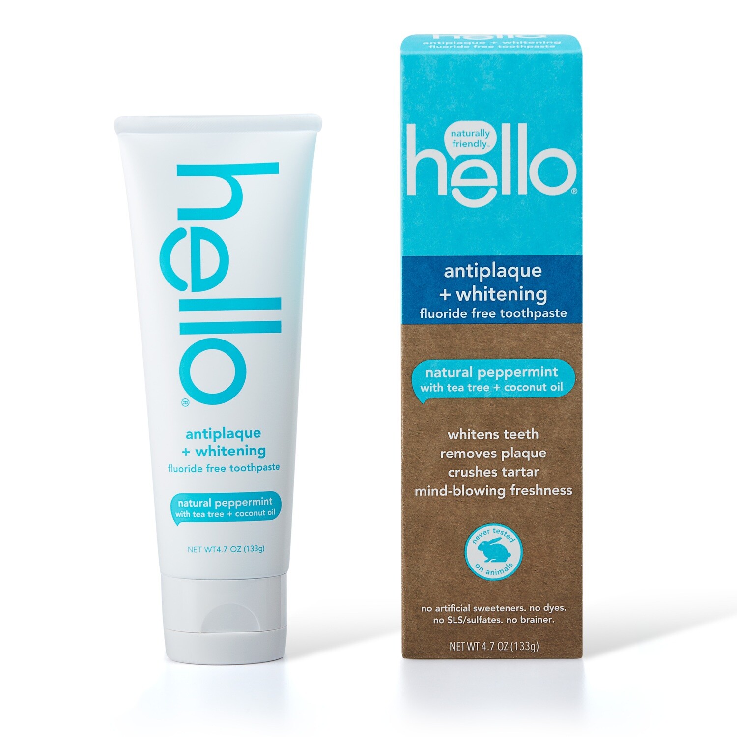 Hello Fluoride Toothpaste Antiplaque + Whitening Natural Peppermint with tea tree + coconut oil