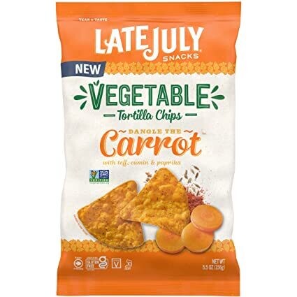 Late July Snacks Vegetable Tortilla Chips Dangle the Carrot with Teff, Cumin & Paprika