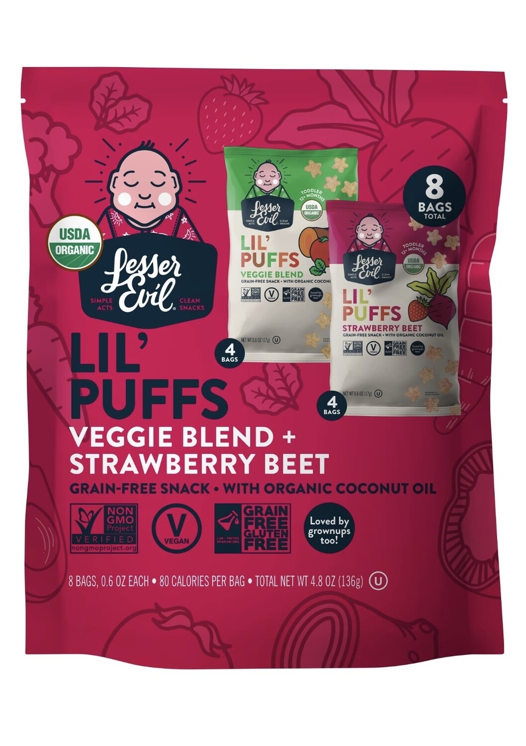 Lesser Evil Lil Puffs Organic Veggie Blend and Strawberry Beet 8 Bags