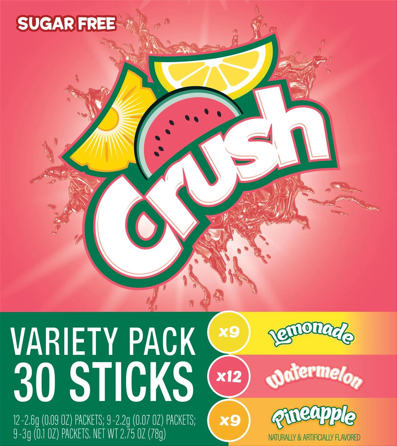 Crush SUGAR FREE Variety Pack 30 Sticks on the go Lemonade Watermelon Pineapple 