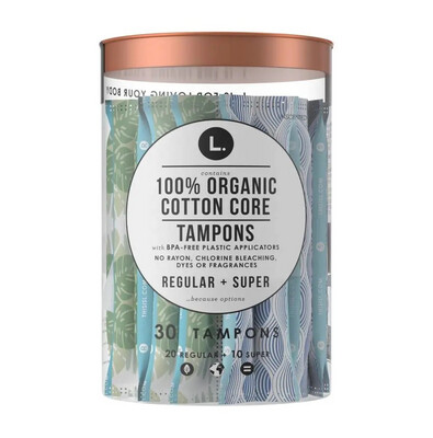 L. 100% Organic Cotton Core Tampons Regular + Super 30 Tampons 