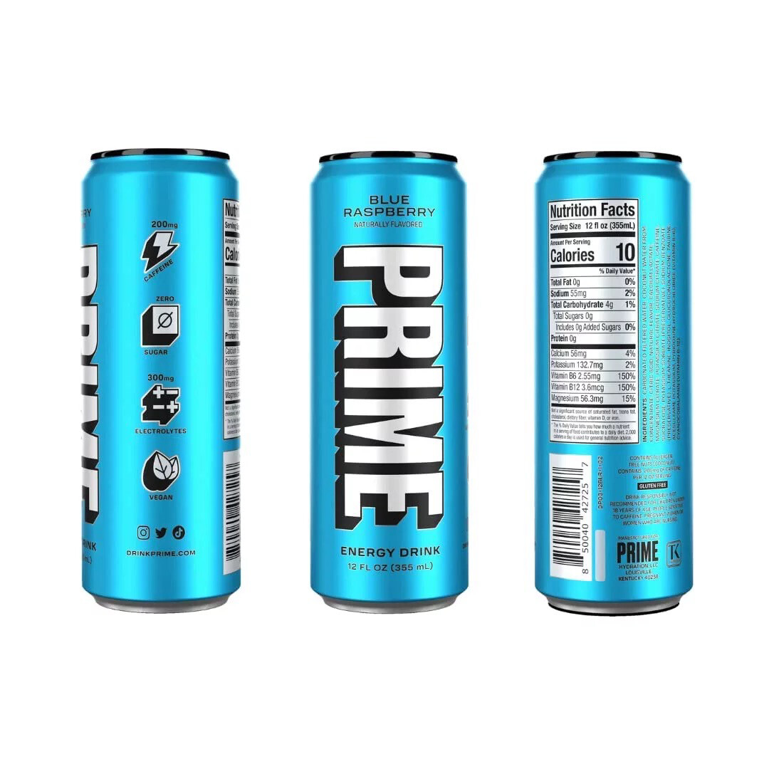 Prime Energy Drink Blue Raspberry 12 fl oz by Logan Paul and KSI