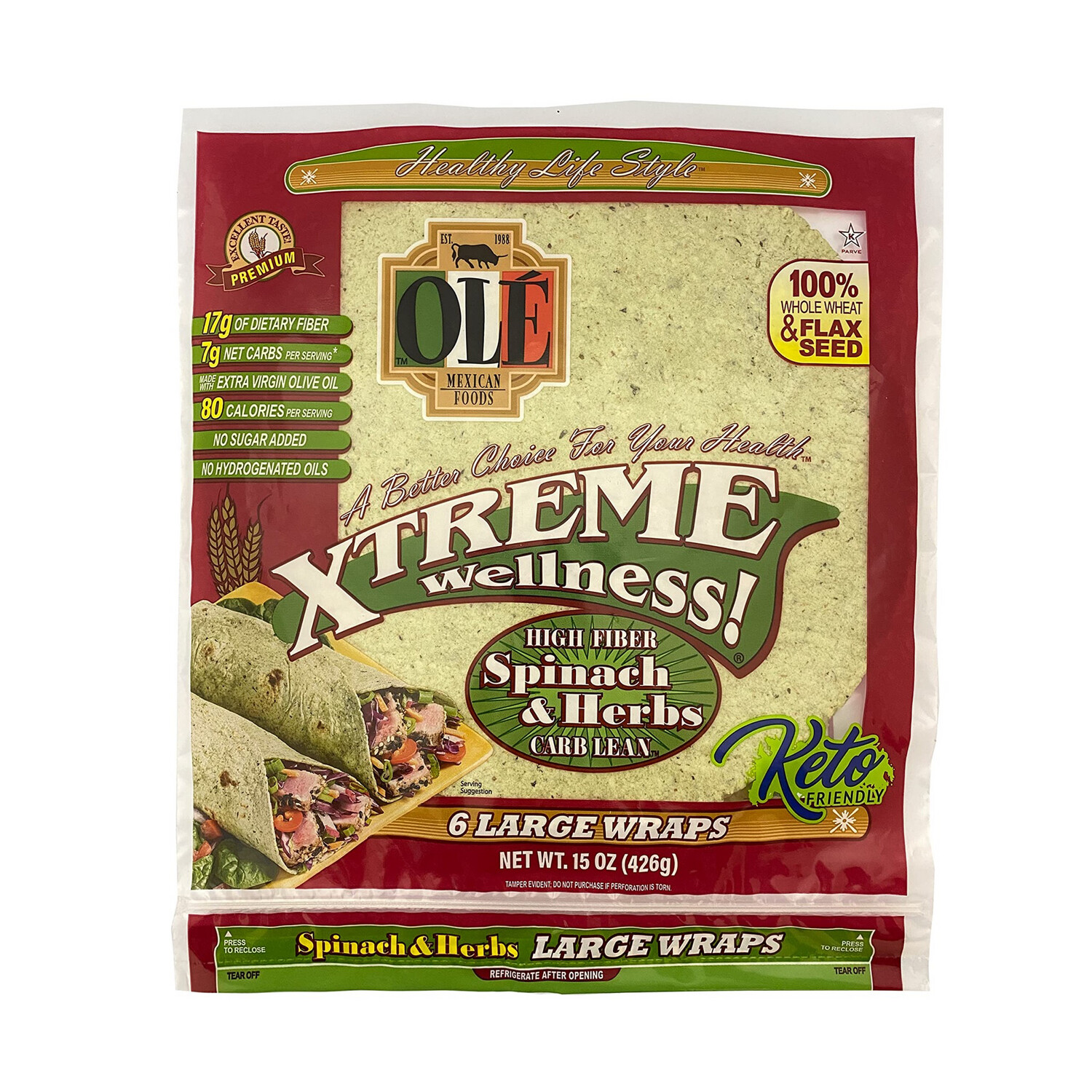Ole Xtreme Wellness High Fiber Spinach & Herbs Tortillas LARGE