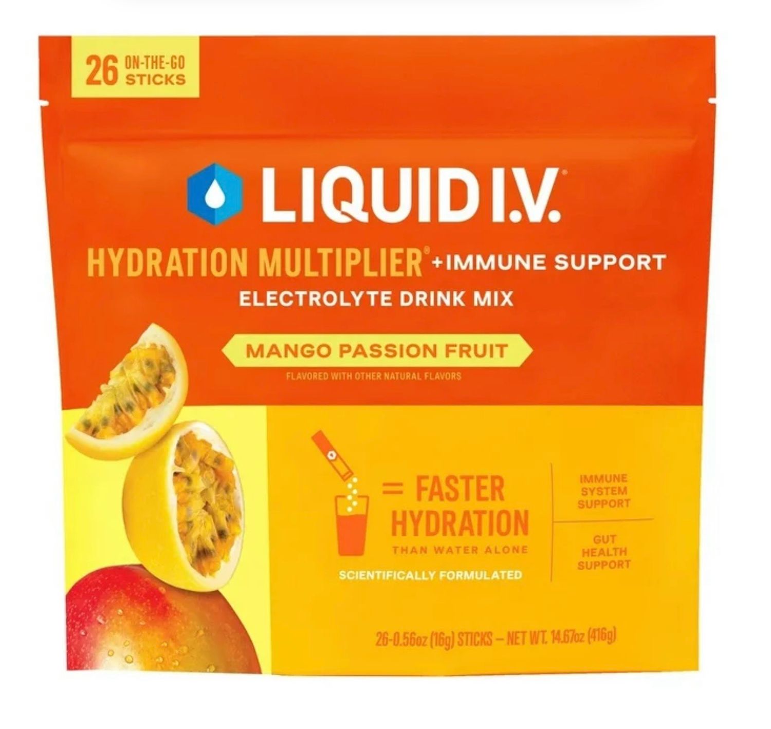 Liquid IV Hydration Multiplier Electrolyte Drink Mix Mango Passion Fruit 26 on the Go