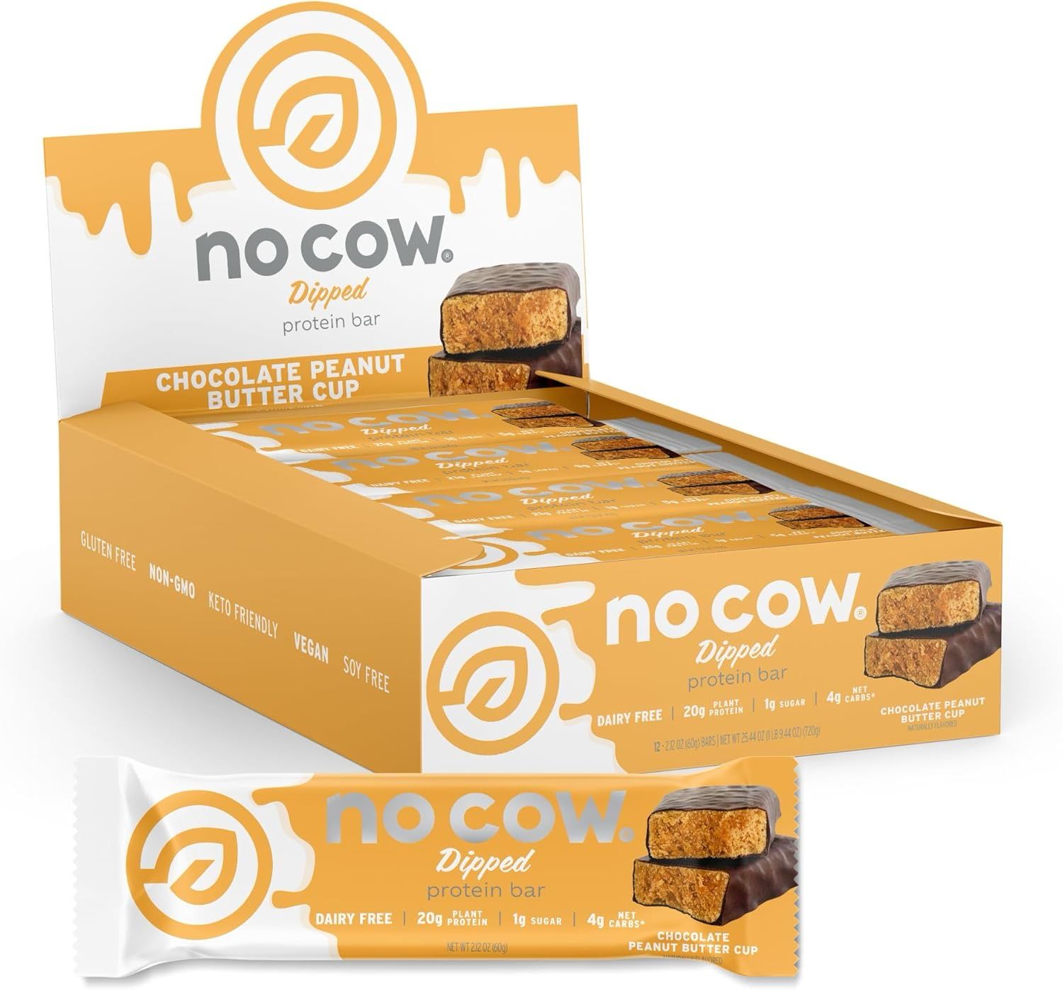 No Cow VEGAN Dipped Protein Bar Chocolate Peanut Butter Cup 20g Pro 12 pack