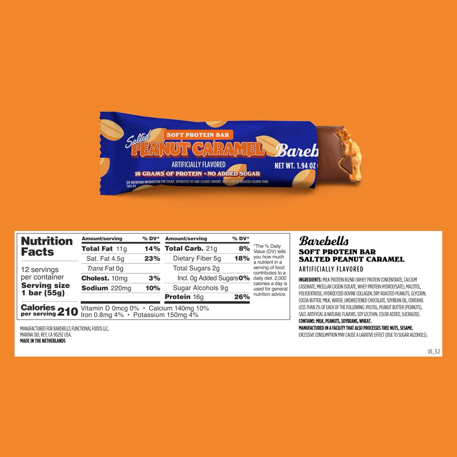 Barebells Salted Peanut Caramel Soft Protein Bar No Sugar Added 
