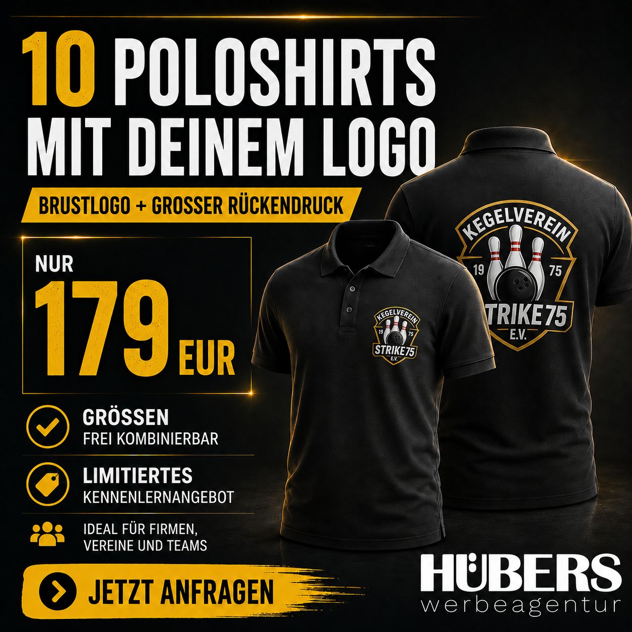 10 Poloshirts mit individuellem Brustlogo und großem Rückendruck 10 Poloshirts mit individuellem Brustlogo und großem Rückendruck
