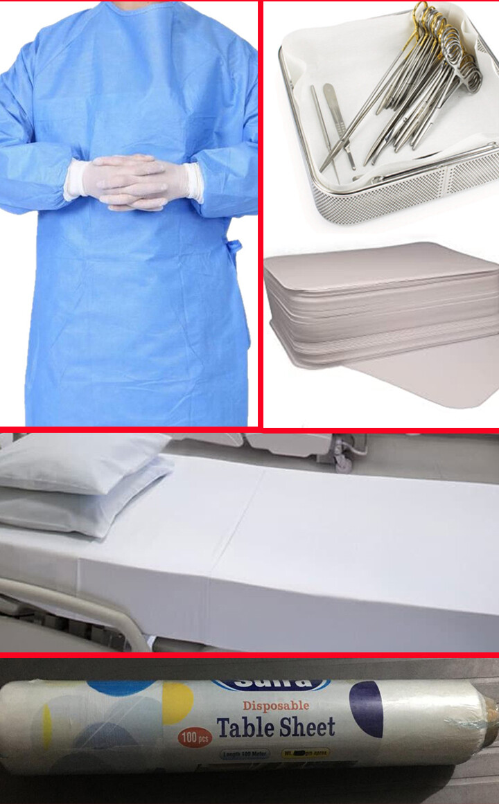 Medical Bed Sheets with Pillow, Tray Sheets, Table Sheet,Dignity Sheet and Surgical Gown