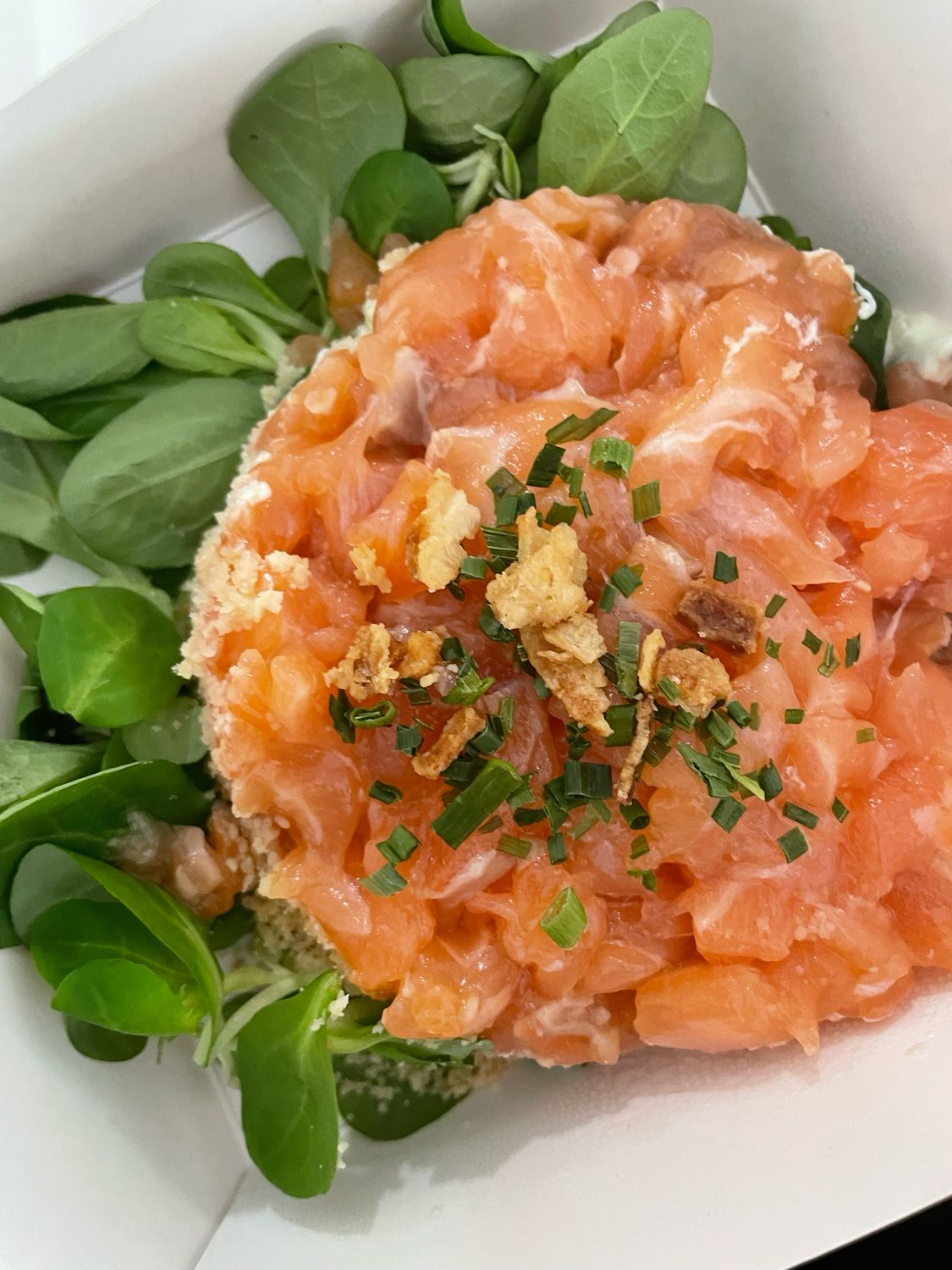 Tartare di salmone con avocado hummus di ceci e quinoa