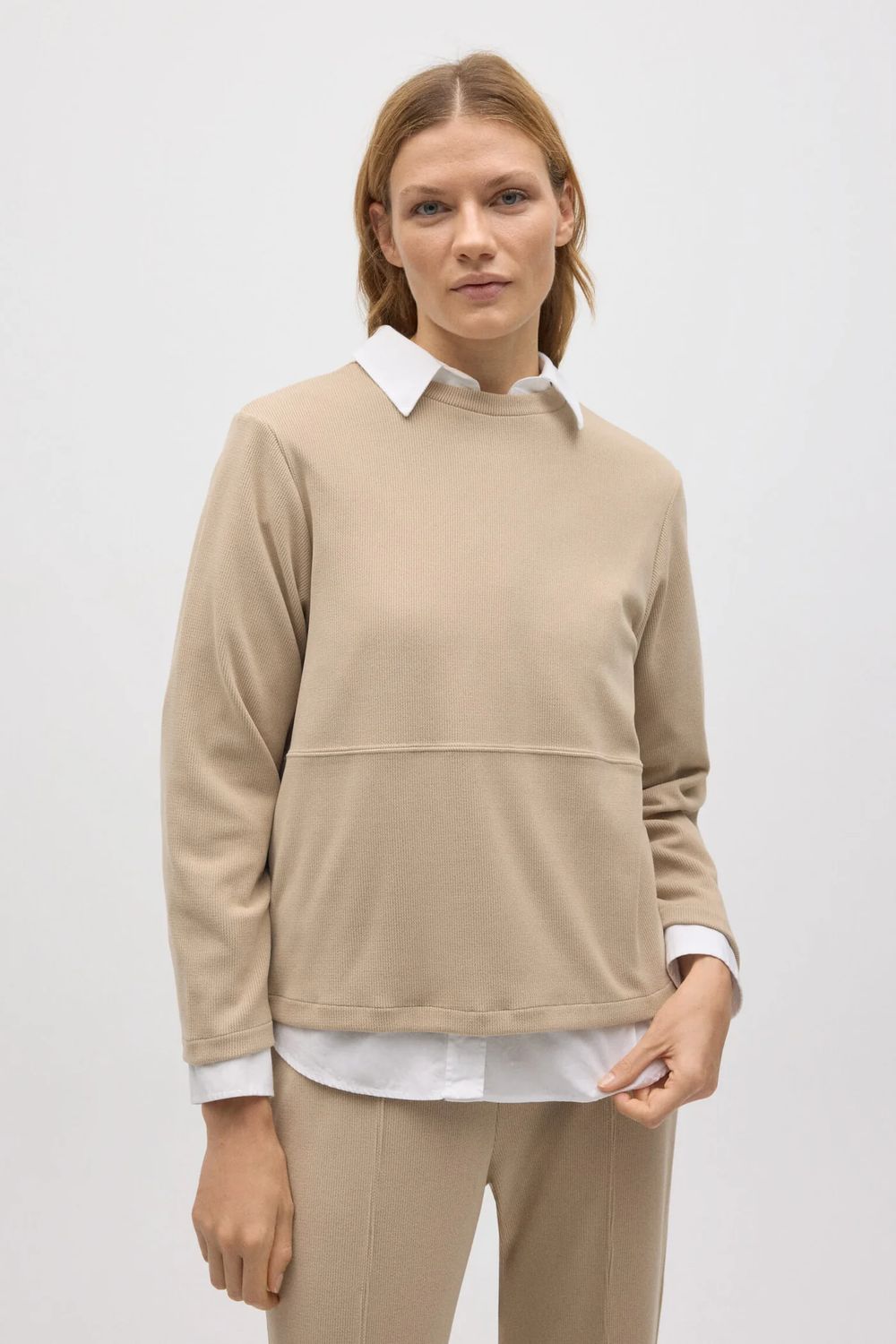 Ysabel Mora Round Neck Sweater Corduroy Effect Almond