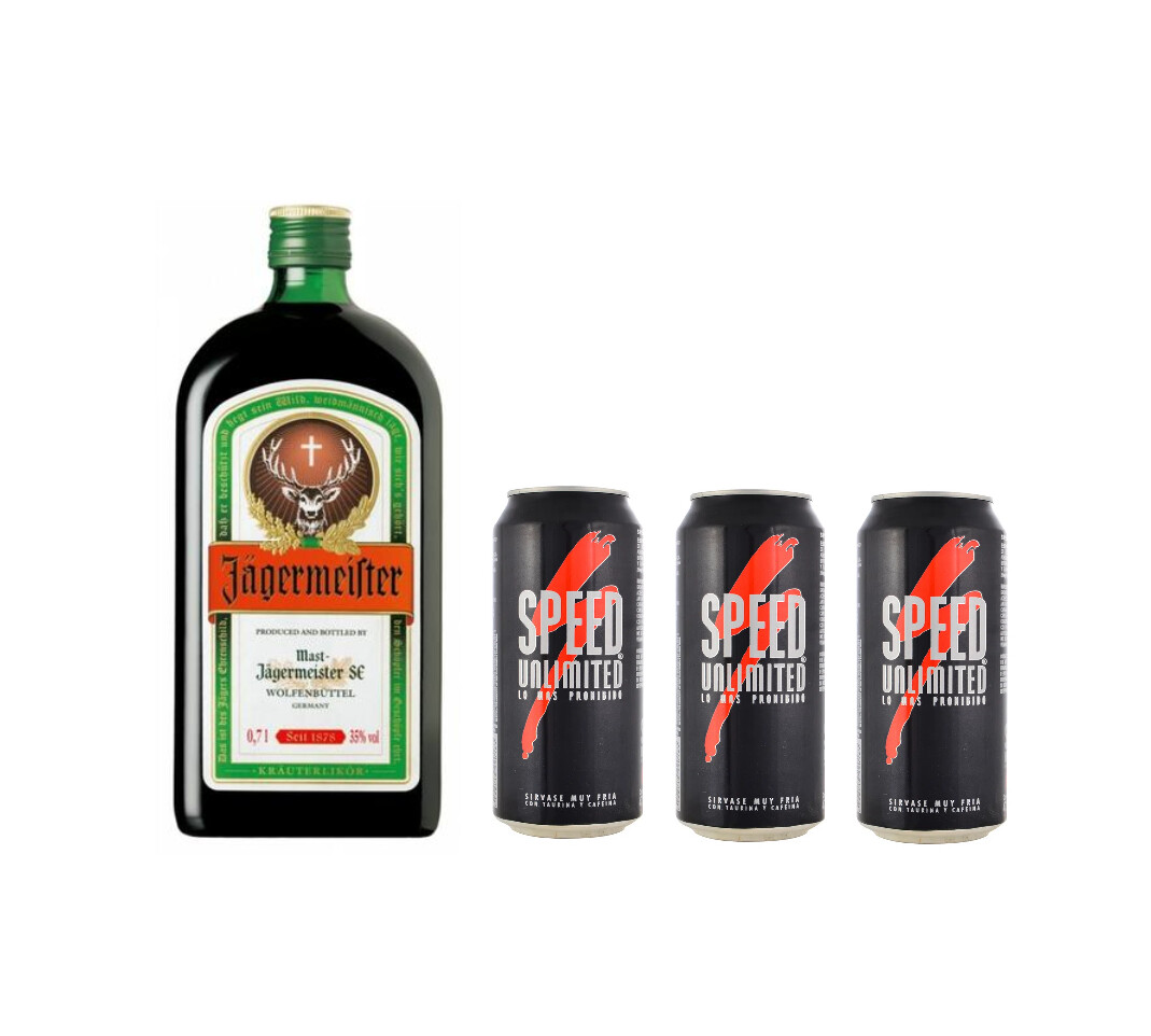 Combo Licor Jagermeister Botella 710 ml + 3 Speed Lata 473 ml