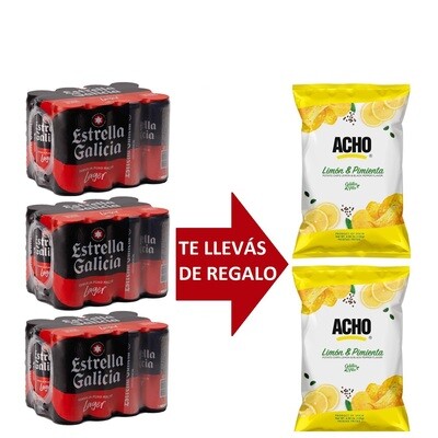 Promo 3 Pack Estrella Galicia 473 ml + 2 Papas Acho Limón y Pimienta de REGALO
