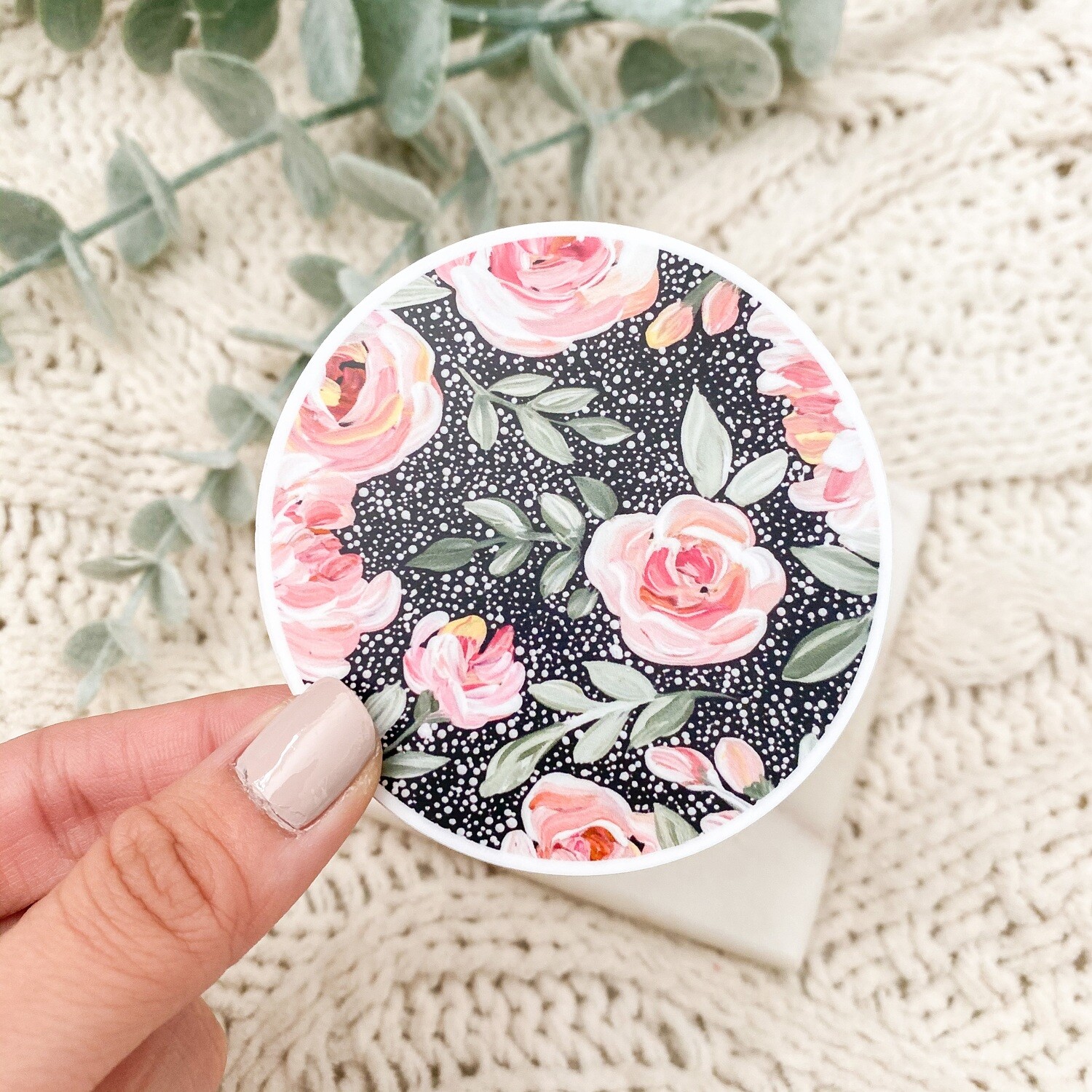 #12 Dotted Pink Rose White Border Sticker