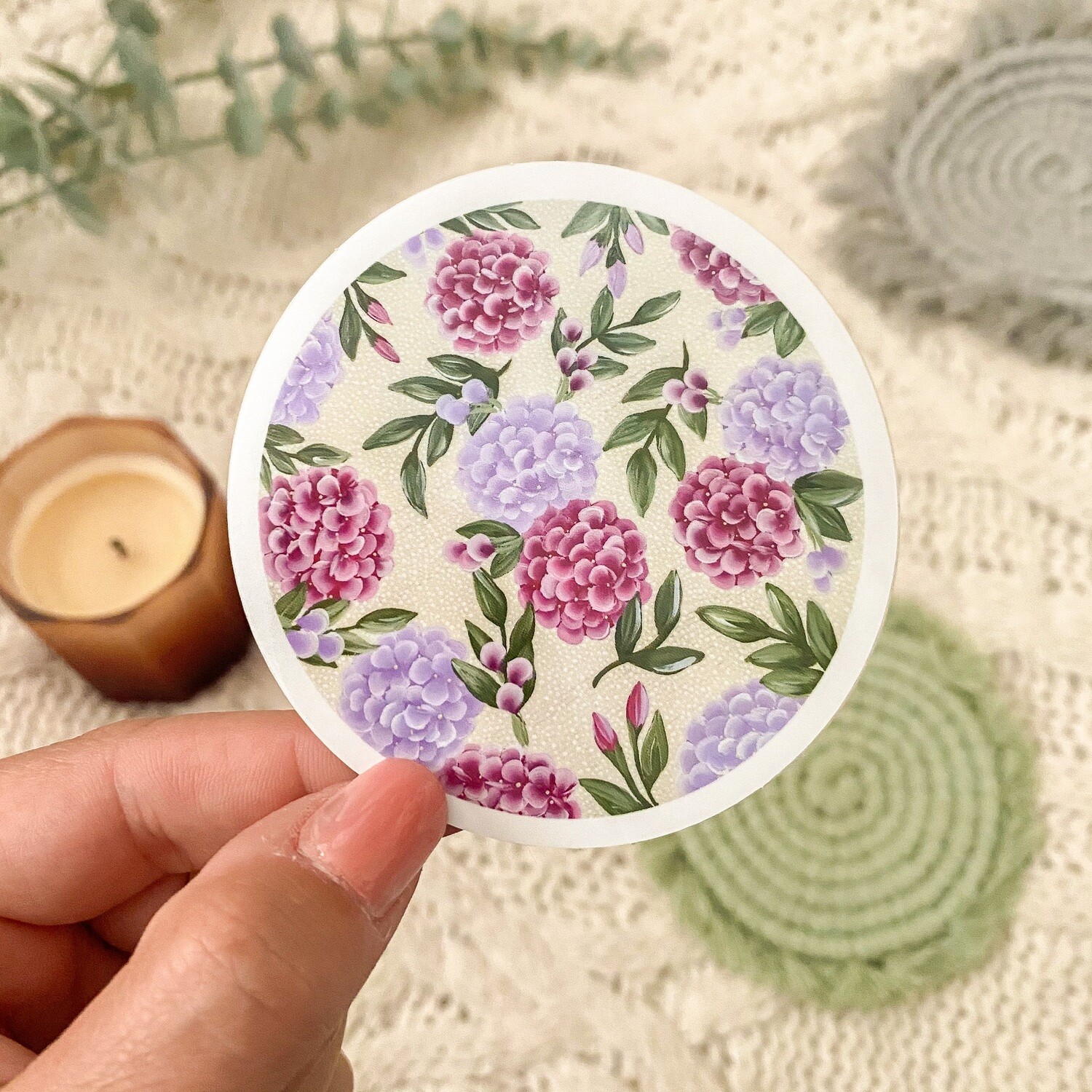 #16 Airy Purple Hydrangea Bouquet WHITE Border Sticker