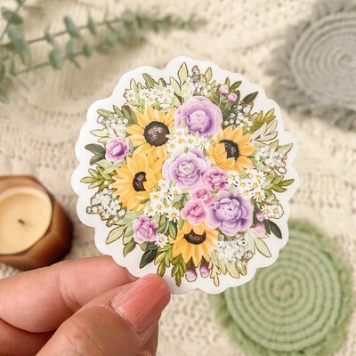 #24 Peony &amp; Sunflower Bouquet CLEAR Border Sticker