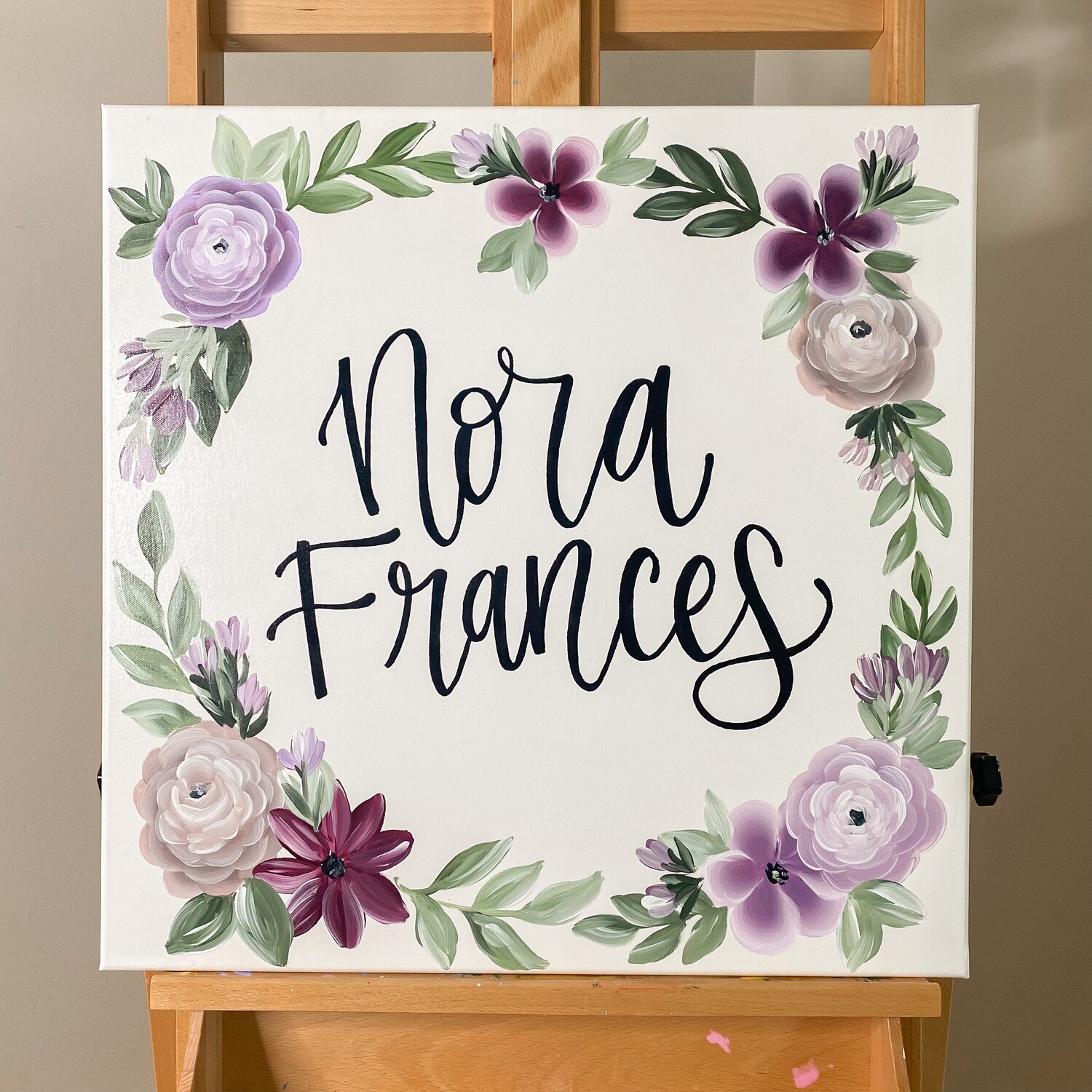 Name + Custom Floral Wreath Nursery Canvas
