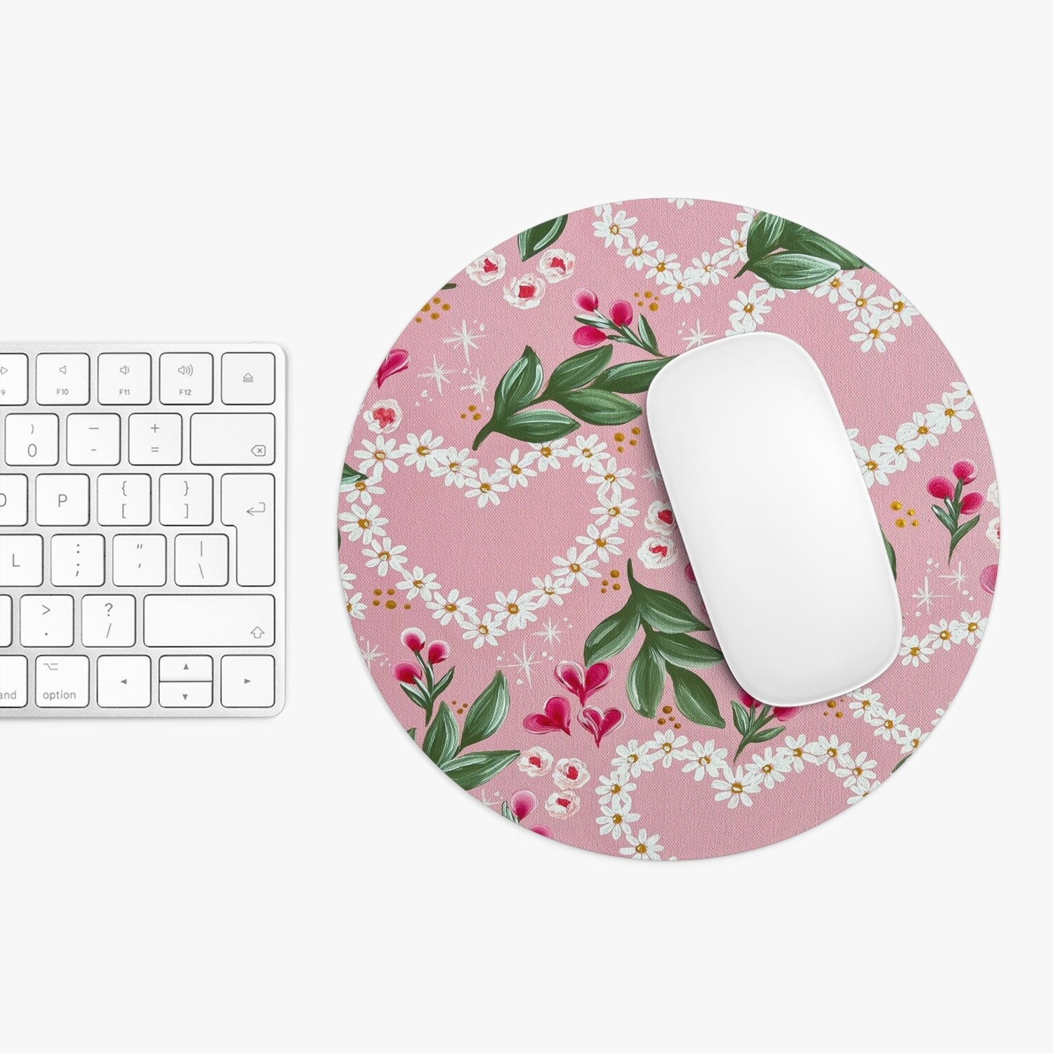 Pink Daisy Heart Round Mouse Pad