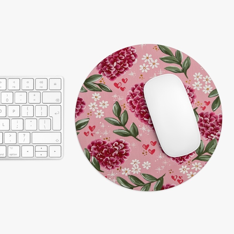Pink Hydrangea Heart Round Mouse Pad