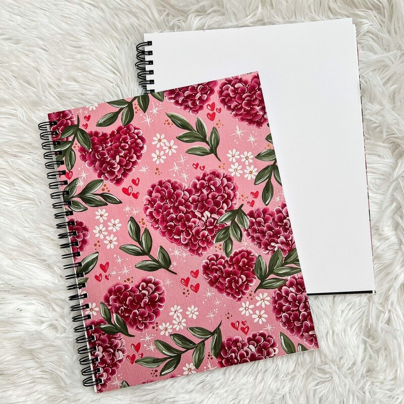#21 *BLANK PAGES* Pink Hydrangea Heart Spiral Notebook 7x9 in.