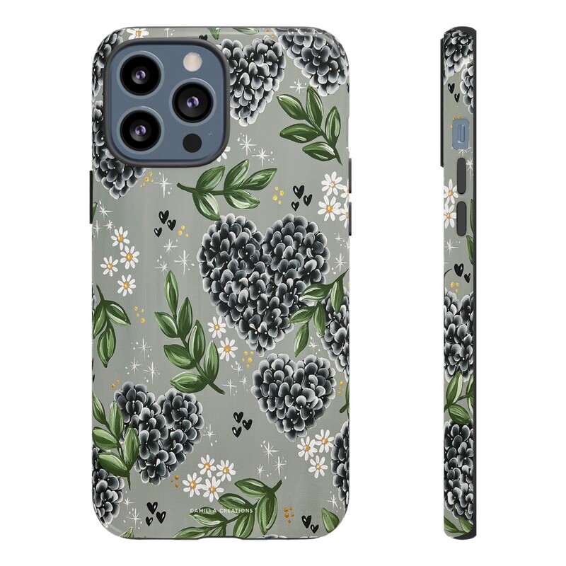 Black Hydrangea Heart Hard Phone Case