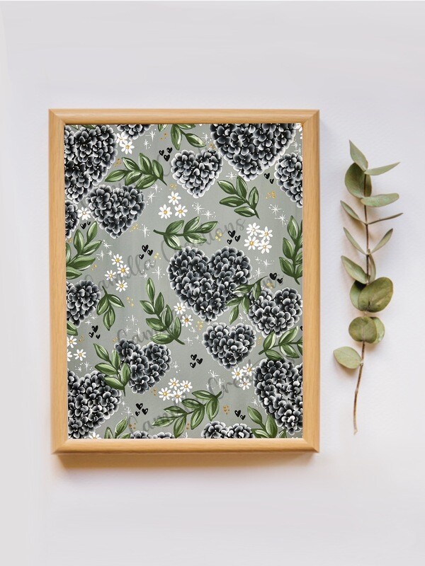 #60 BLACK Hydrangea Heart Floral Print