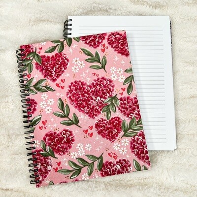 #26 VDAY PINK Hydrangea Heart LINED Spiral Notebook 7x9 in.
