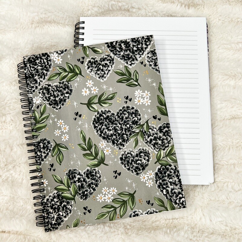 #25 BLACK Hydrangea Heart Spiral Notebook 7x9 in.