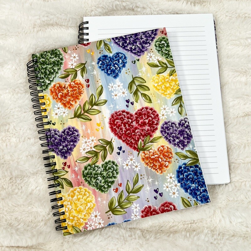 #27 RAINBOW Hydrangea Heart Spiral Notebook 7x9 in.