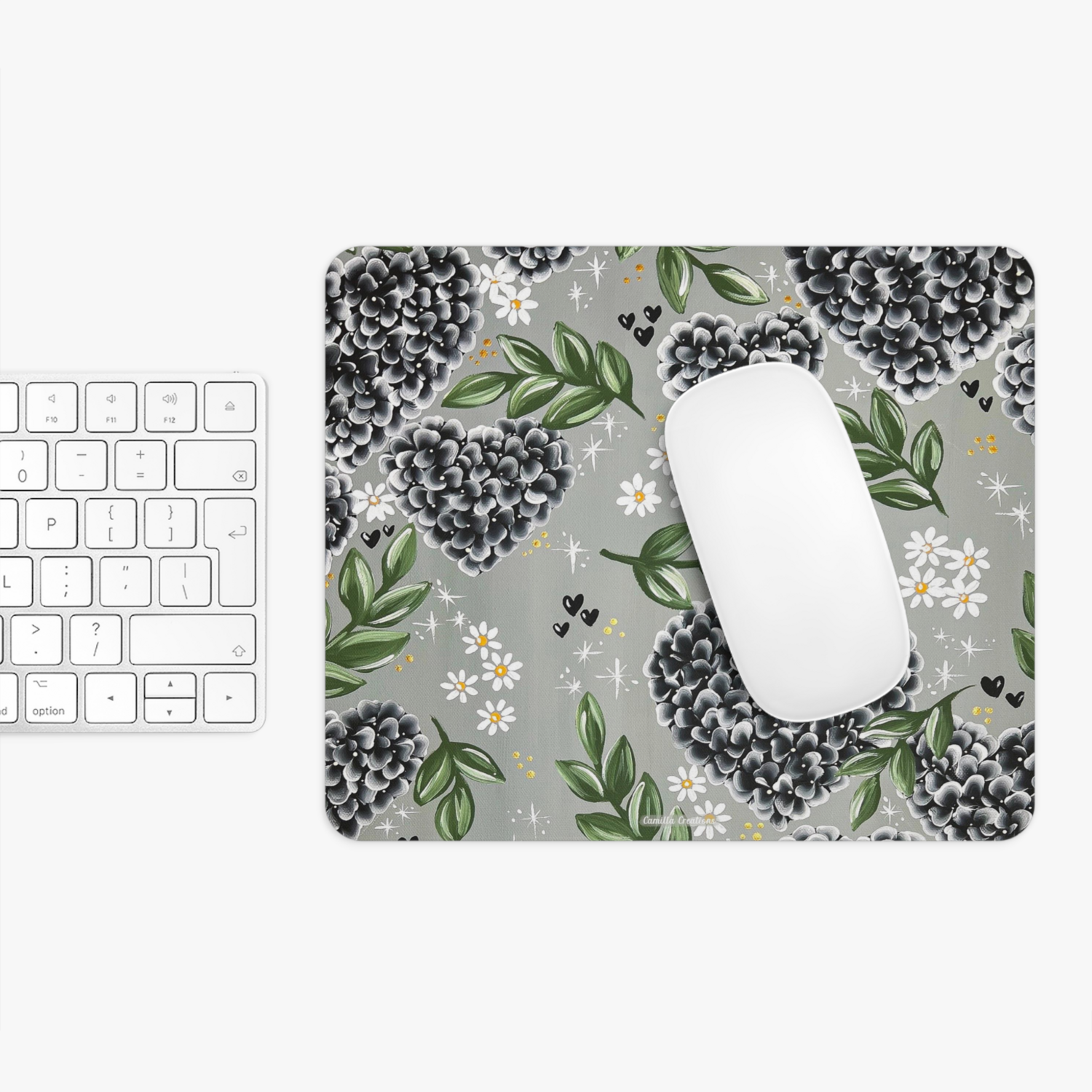 #14 Floral Rectangle Mouse Pad (Black Hydrangea Heart)