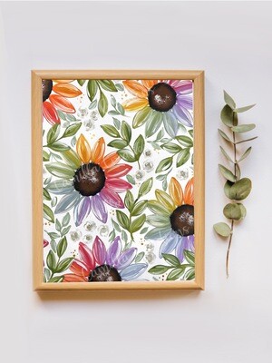 #74 White Rainbow Sunflower Floral Print