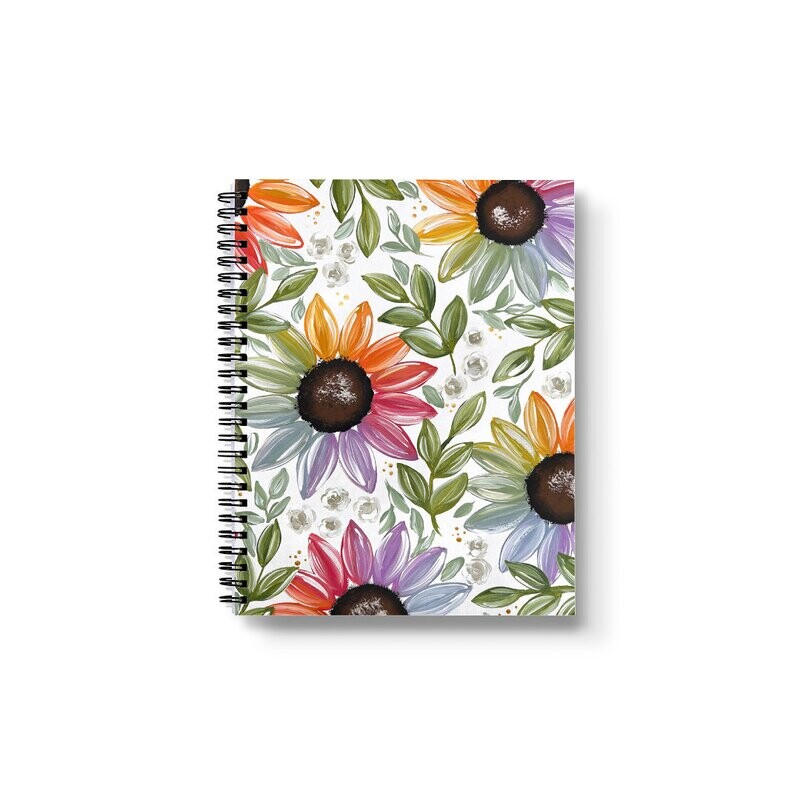 #29 RAINBOW Sunflower White Spiral Notebook 7x9 in.
