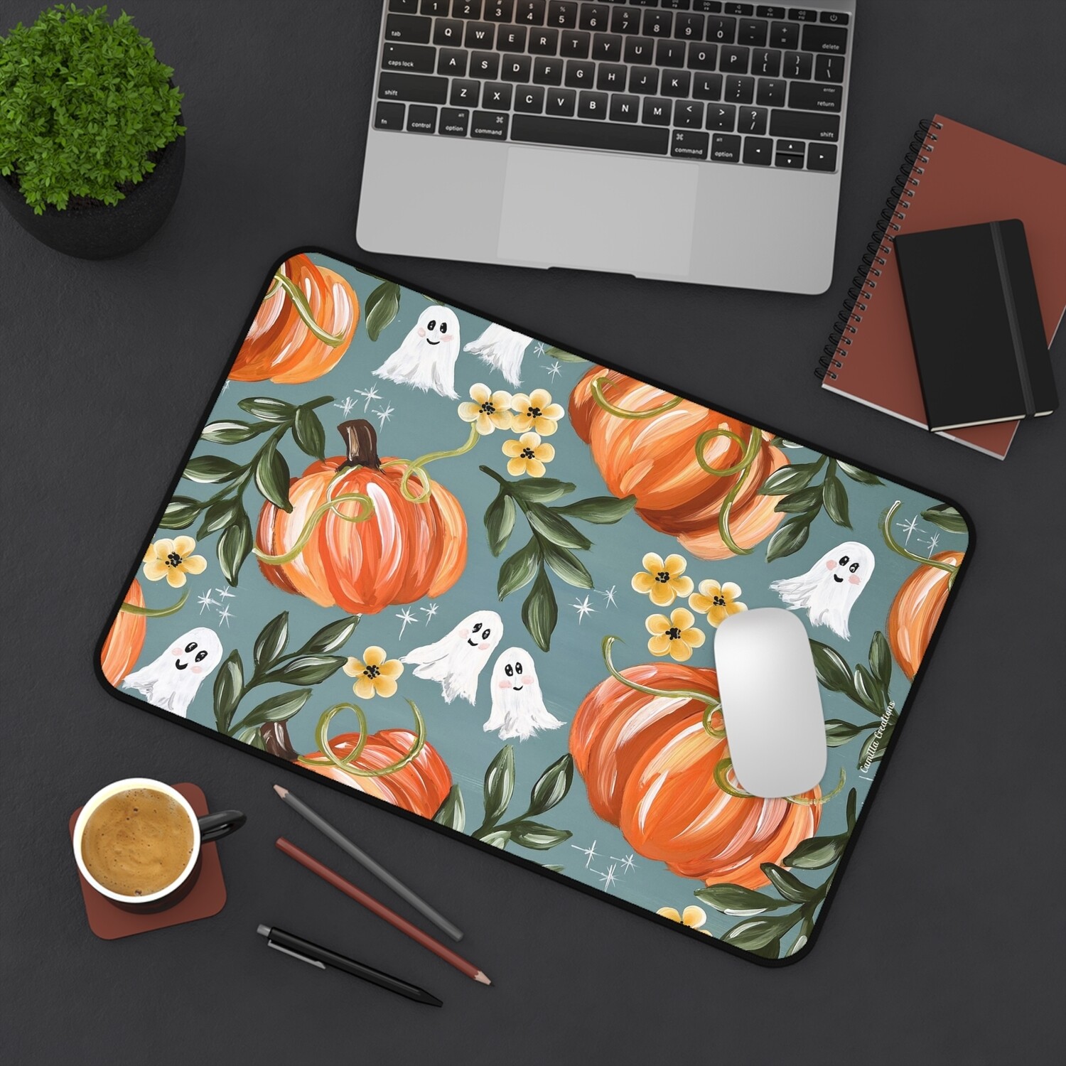 Fall Teal Ghost + Pumpkin Desk Mat (3 sizes) Fall Teal Ghost + Pumpkin Desk Mat (3 sizes)