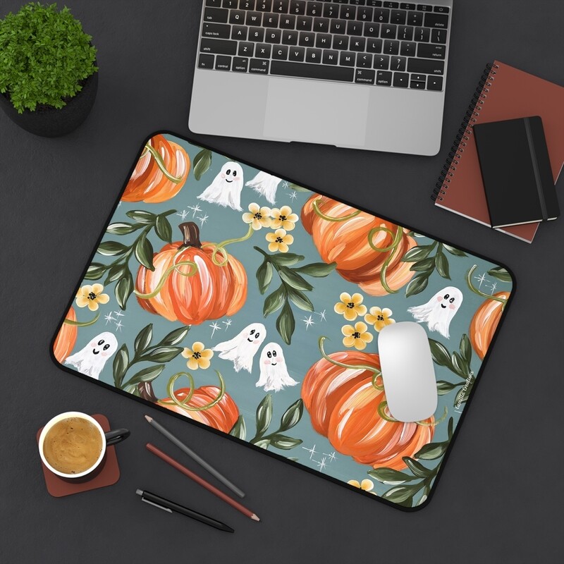 Fall Teal Ghost + Pumpkin Desk Mat (3 sizes)