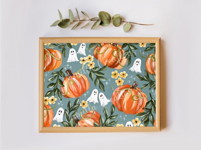 #86 Teal Ghost + Pumpkin Floral Print