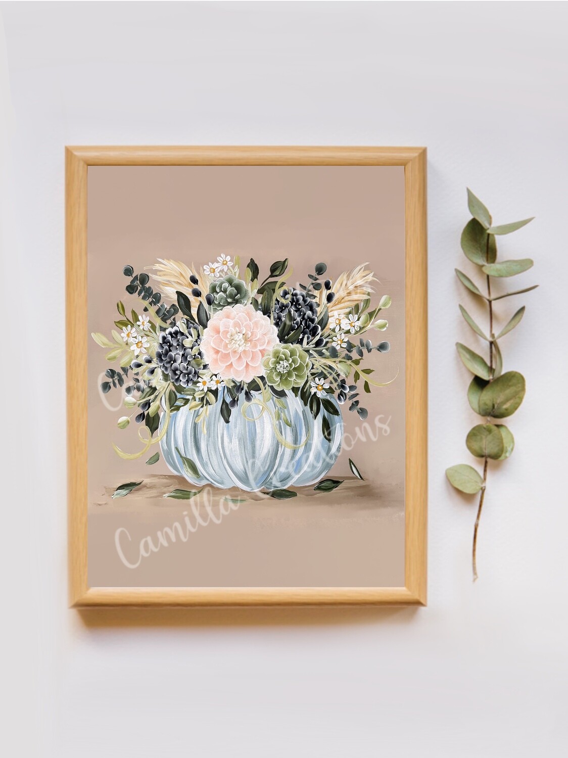 #89 Blue + Cream Pumpkin Vase Floral Print